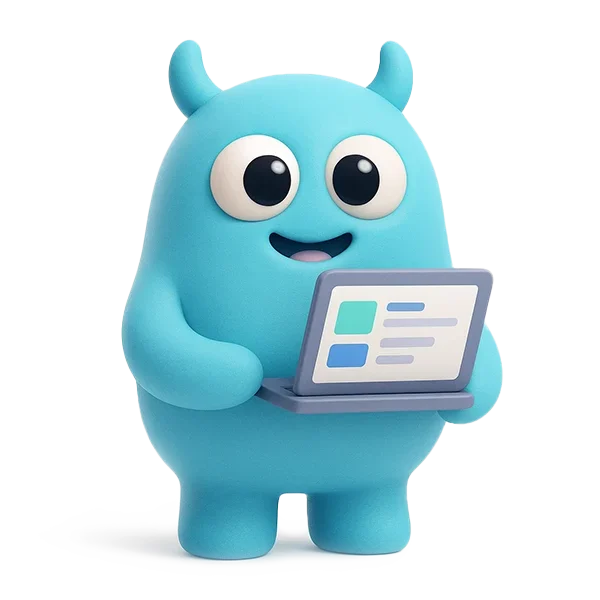 niebieska uśmiechnięta postać z laptopem