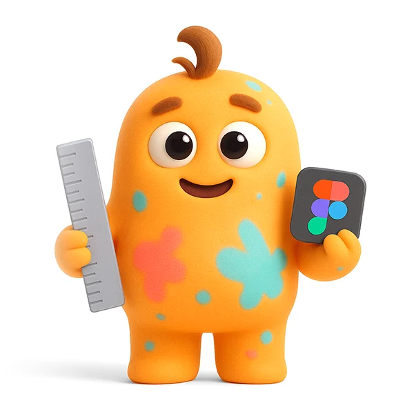 Wesoły potwór z logo Figma i linijką w drugiej ręce, cały poplamiony farbami